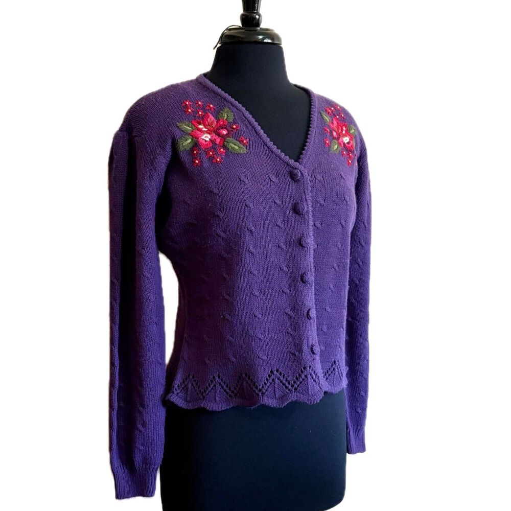 Embroidered Flower Purple Cardigan Cottage Granny Medium